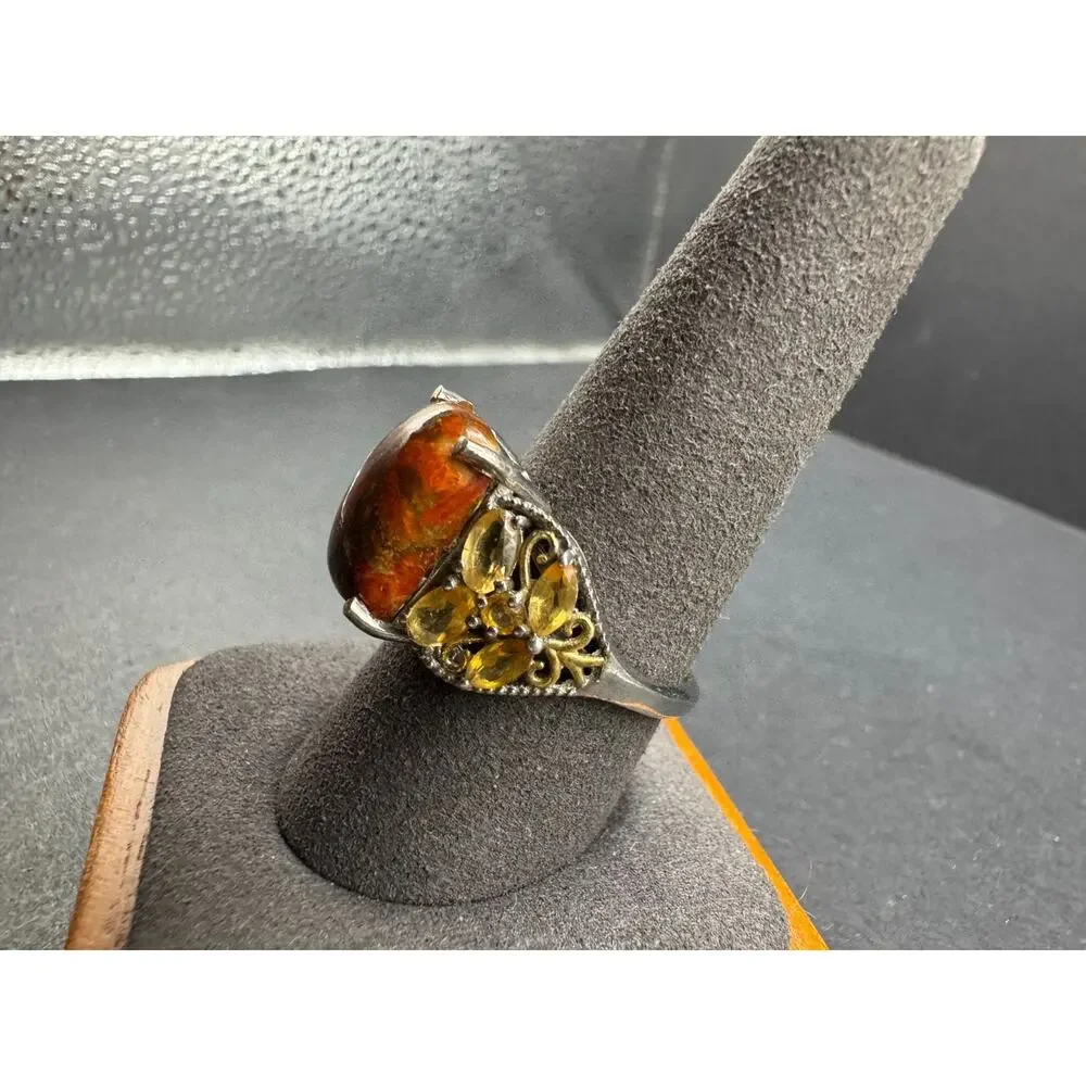 STS Spiny Oyster Cabochon & Citrine Gemstone Sterling Silver 925 Ring Size 9.75